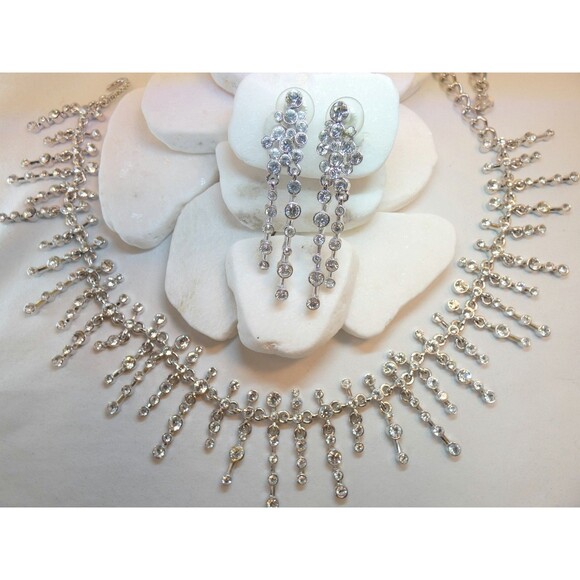 SET VTG ST. JOHN Silver Swarovski Crystal Choker Necklace Earrings  2000 Bridal - Picture 3 of 11